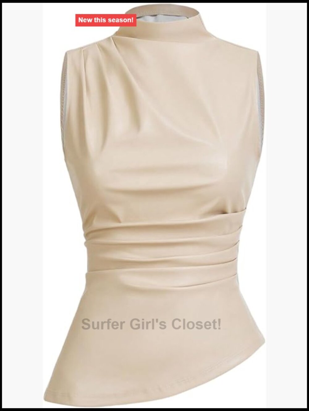 PU Leather Sleeveless Pleated Tank Top Mock Neck Fitted Dressy Top